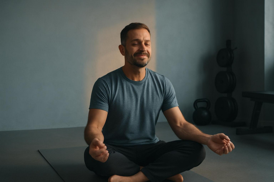 Calm gym owner practicing stress relief and deep breathing in a minimalist setting.