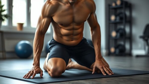 Athletic male performing six pack abs workout at home, kneeling on mat.