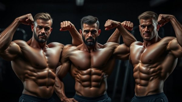 Muscular male bodybuilders flexing in a gym environment, showcasing strength.