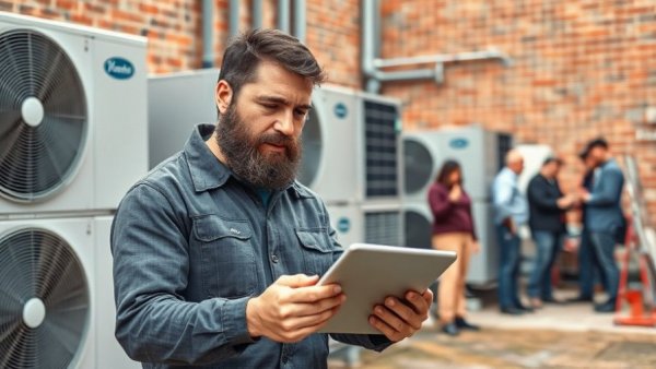 Technician with tablet near HVAC units, 2026 Summer Weather Outlook.
