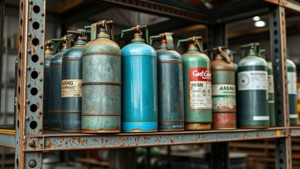 HFC allocation rules with gas cylinders on a metal shelf in warehouse.