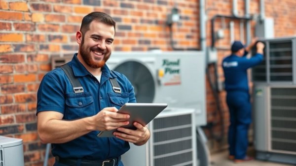 Technician evaluating tablet near AC units, discussing 2026 summer weather outlook.