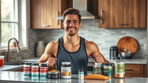 Young athlete preparing training regimen with supplements in kitchen.