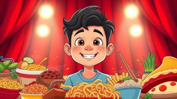 Vibrant cartoon person surrounded by various foods with theatrical background.