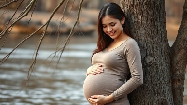 Pregnant woman cradles bump by a tree in serene riverside setting.