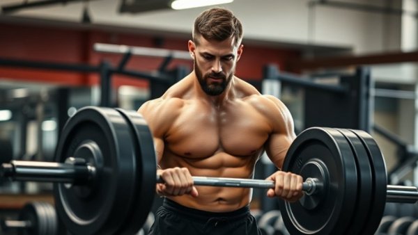 Focused athletic man deadlifting for muscle building in a gym.