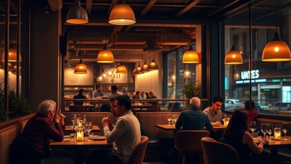 Interior of a new Brooklyn restaurant with diners enjoying food.