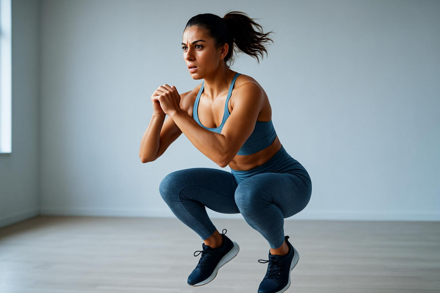 Athletic woman performing squat jump, showcasing determination and strength in fitness.