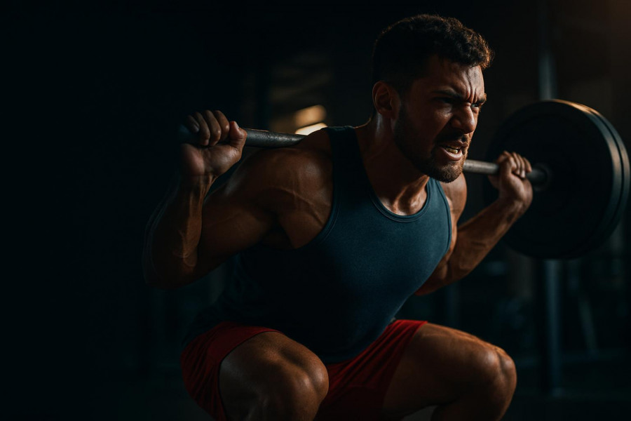 Athletic man squatting in gym, showcasing massive quads training intensity.