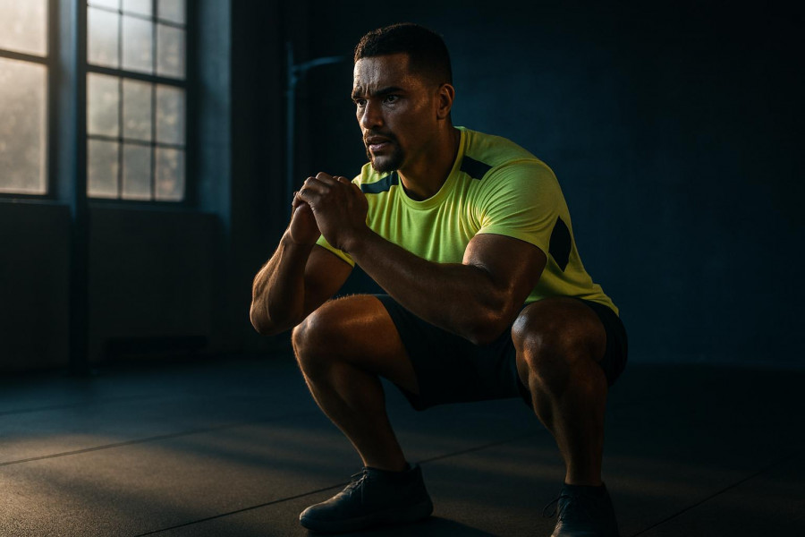 Athlete mid-squat showcasing determination in a leg day workout for muscle building.