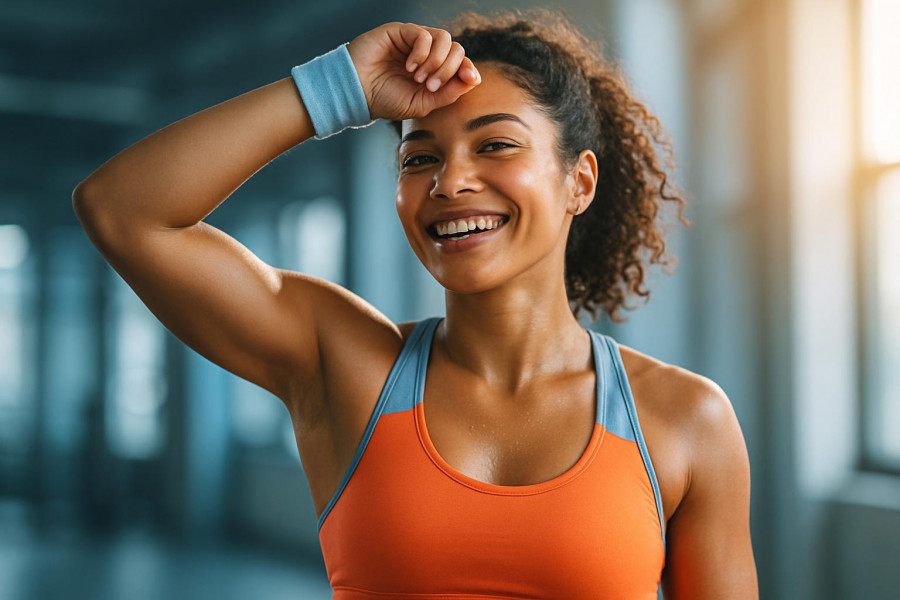 Smiling young adult in fitness attire, showcasing chronic pain management through exercise.