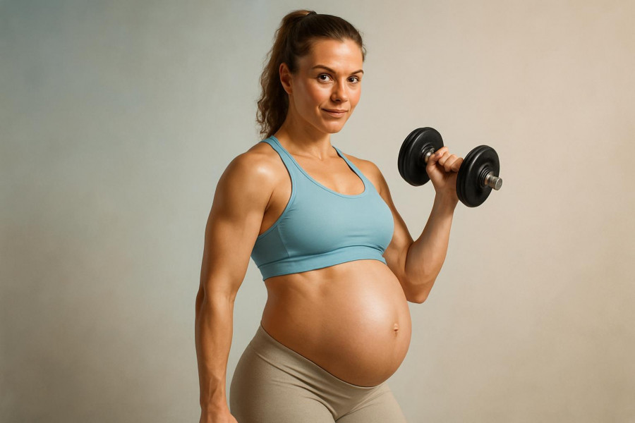 Empowered pregnant woman lifting dumbbell, showcasing pregnancy strength training benefits.