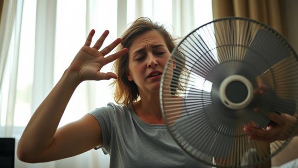 Woman using fan for relief during heat wave indoors.