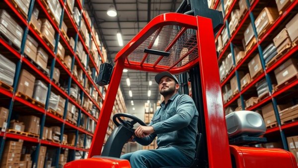 Warehouse worker on forklift managing inventory in HVAC business.