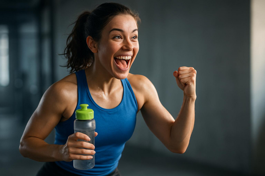Energetic young woman celebrating workout success in a gym with bodyweight workouts.