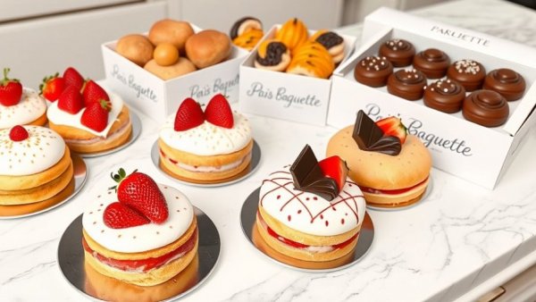 Assorted Paris Baguette cakes on marble surface.