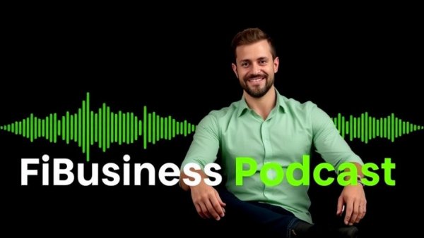 Fitness Business Podcast cover with host and sound wave graphic.