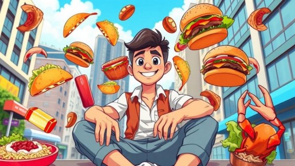 Kareem Rahma Subway Takes cartoon with food and urban sky in background.