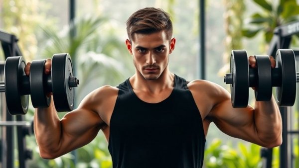 Athletic male workout lifting weights outdoors.