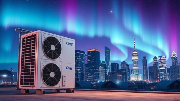 Futuristic commercial heat pump system with cityscape and aurora.