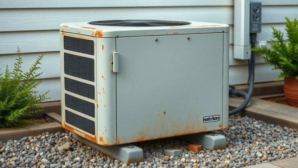 Worn air conditioning compressor outdoors exemplifying low-GWP refrigerants and lubricants.