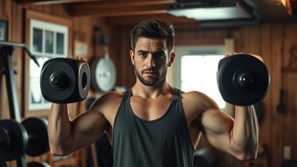Man lifting weights in home gym, facing grief, in supportive fitness.
