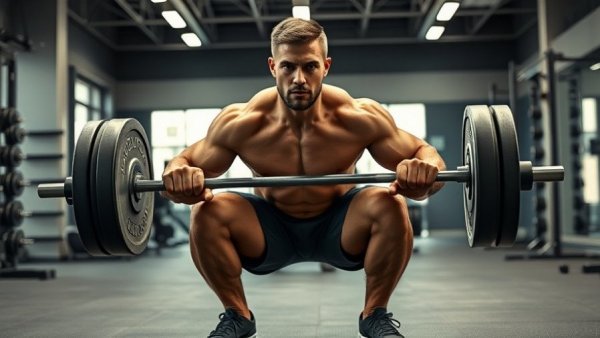 Man lifting weights in gym, barbell squat focus.