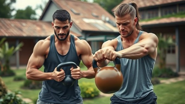 Athletic individuals in a garden performing kettlebell pull workout