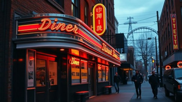 Cozy Soup ‘n’ Burger iconic diner storefront in urban setting at dusk.