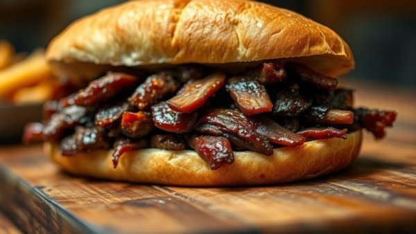 $5 Brisket Burnt End Sandwich on wooden table, Dickey's $5 Brisket Deal.