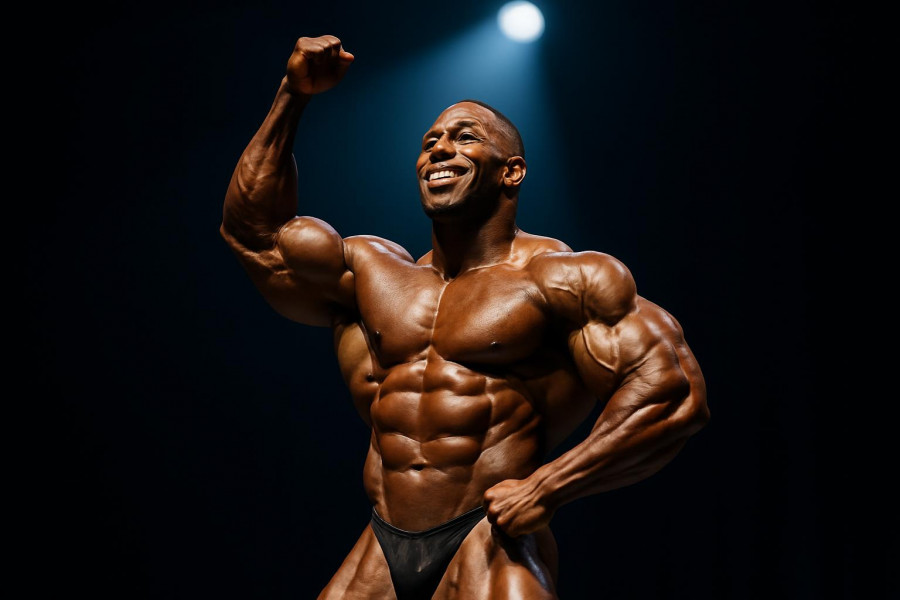 Confident male bodybuilder Tonio Burton in competition pose, showcasing bodybuilding success tips.