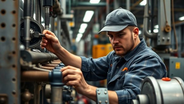Industrial worker in factory represents construction job growth in HVAC industry.