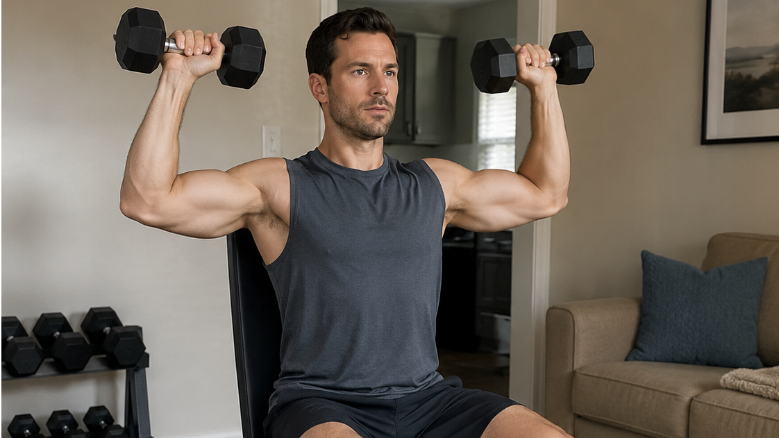 Athletic person performing shoulder mobility drills in a minimalist gym setting.