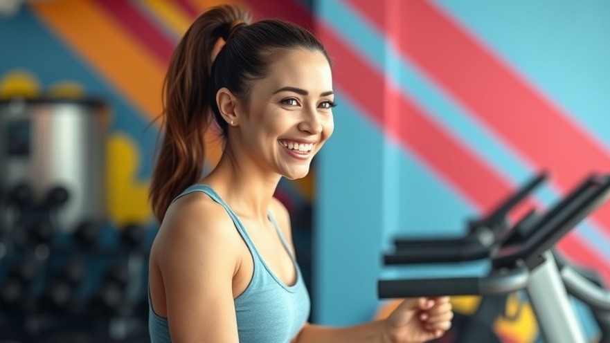 Happy gym female member working out in a colorful gym.