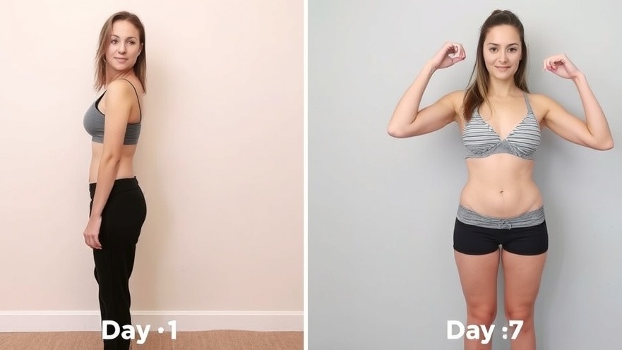 Woman's body transformation from day 1 to day 7 showcasing HIIT workouts.