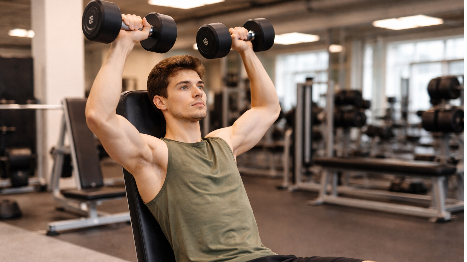 Athletic man demonstrating shoulder training techniques in a gym.