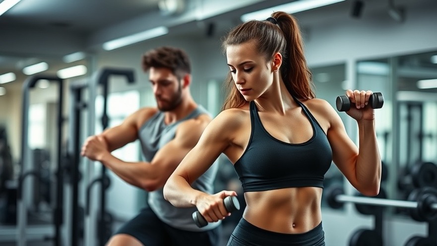 Male and female athletes performing dumbbell exercises for fitness training.