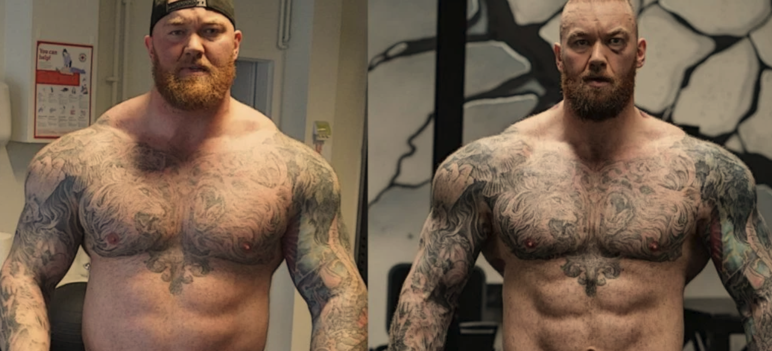 Muscular man smiling in a bathroom, 8,000-Calorie Diet Hafthor Björnsson