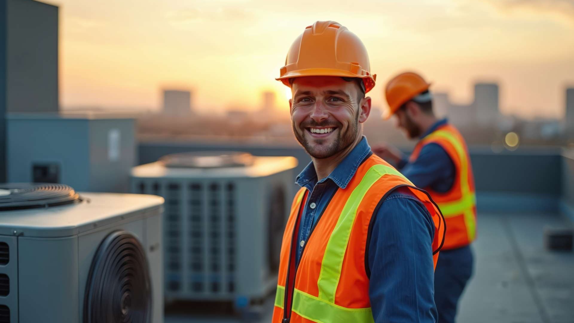 Friendly HVAC repair services team standing in front of branded service vehicle outdoors.