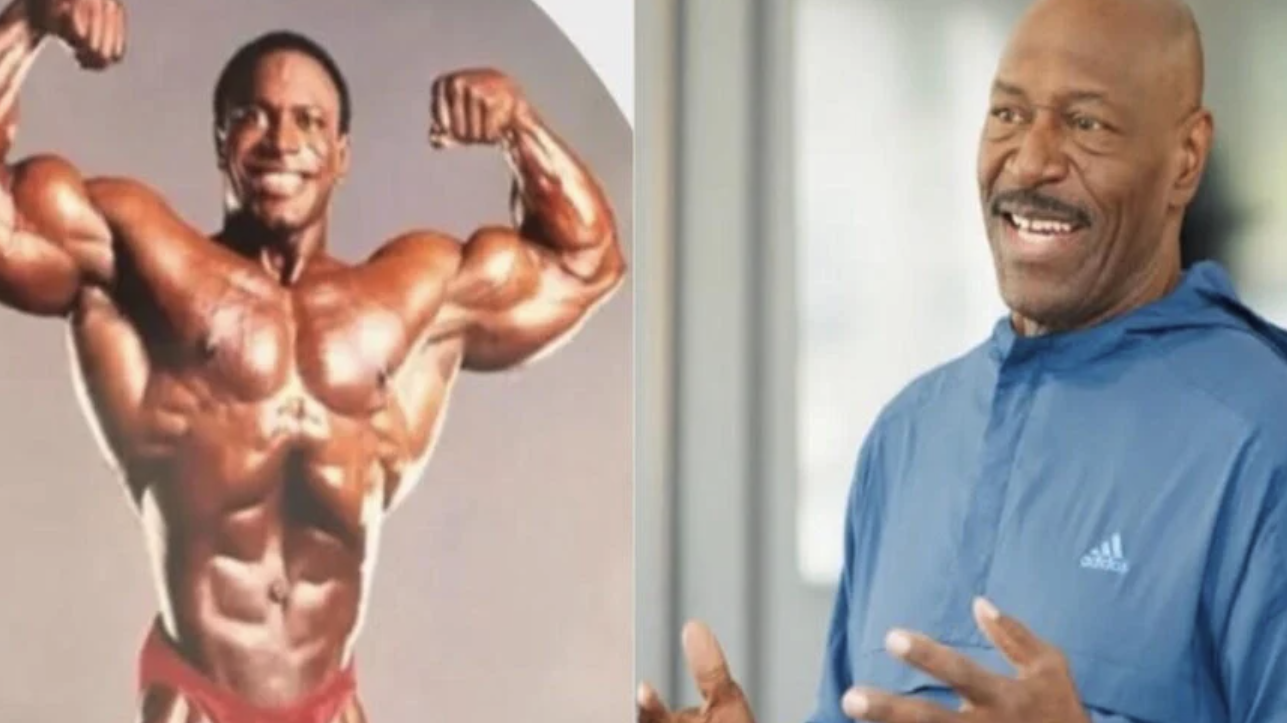 Lee Haney poses powerfully in gym, seated calmly at home office.