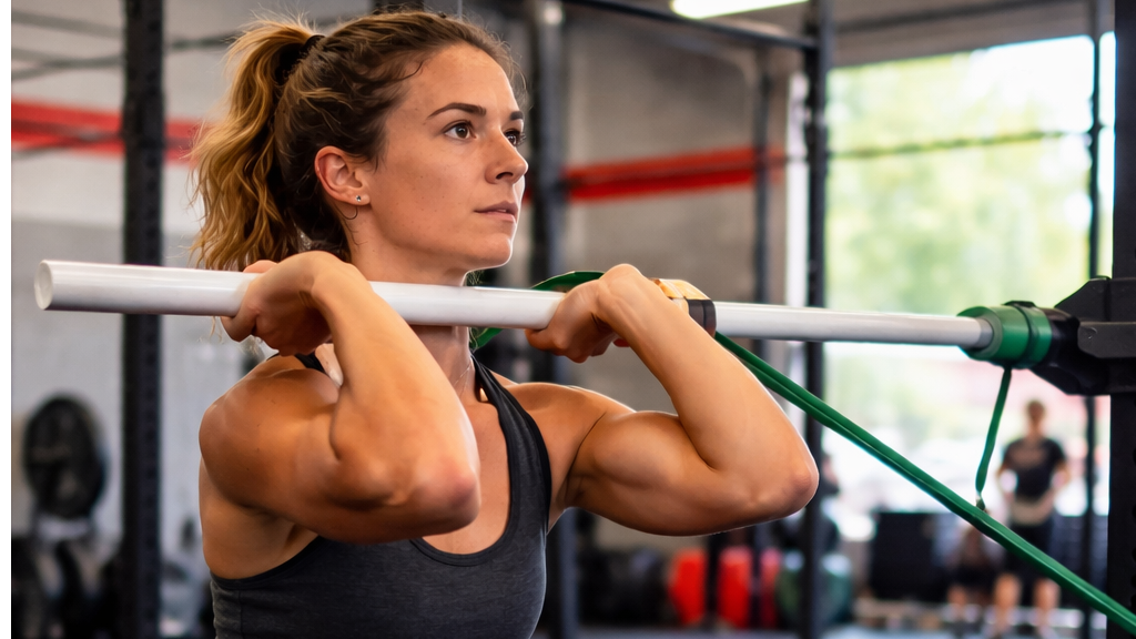 Focused athlete gripping a barbell, sweat glistening, in early morning gym light.