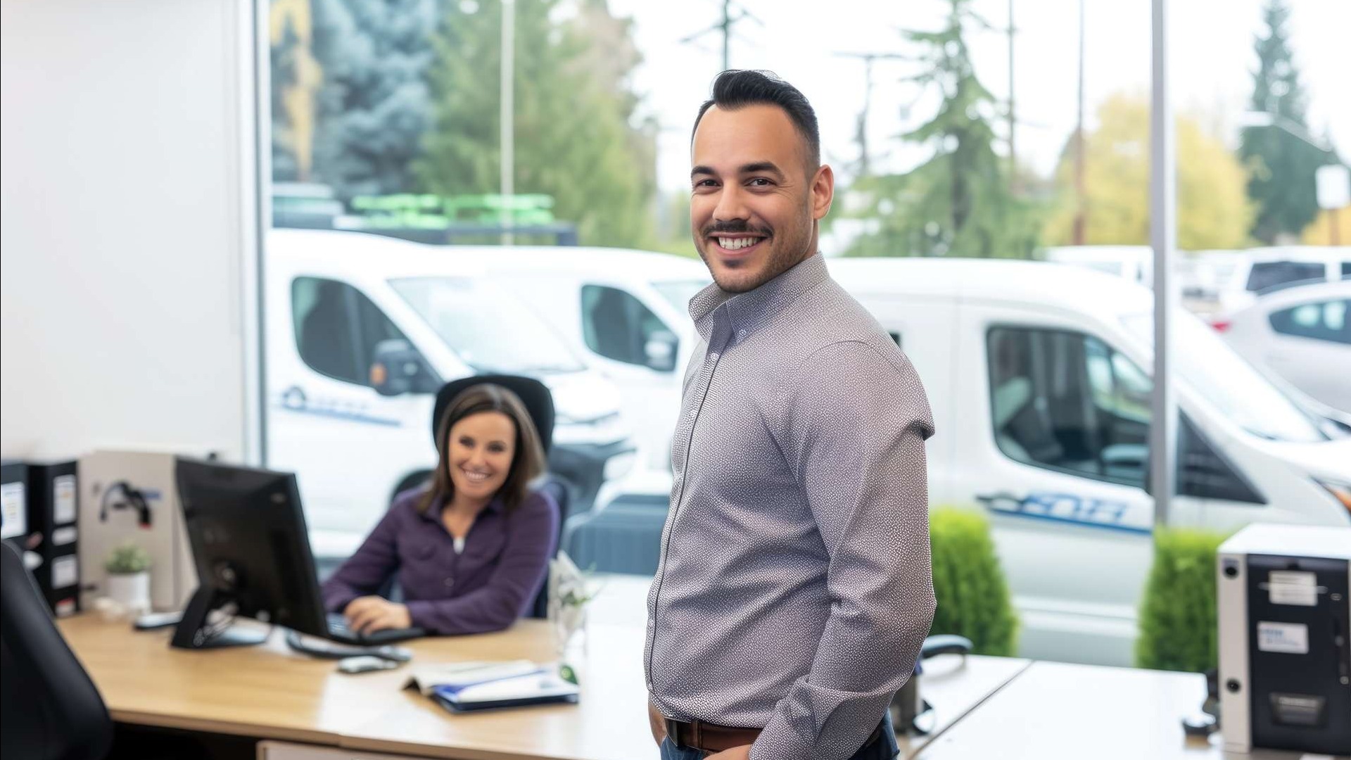 Professional discussing dual fuel solutions for HVAC in workshop.