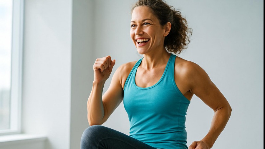 Energetic woman mid-workout smiling, showcasing bodyweight exercises for belly fat reduction.
