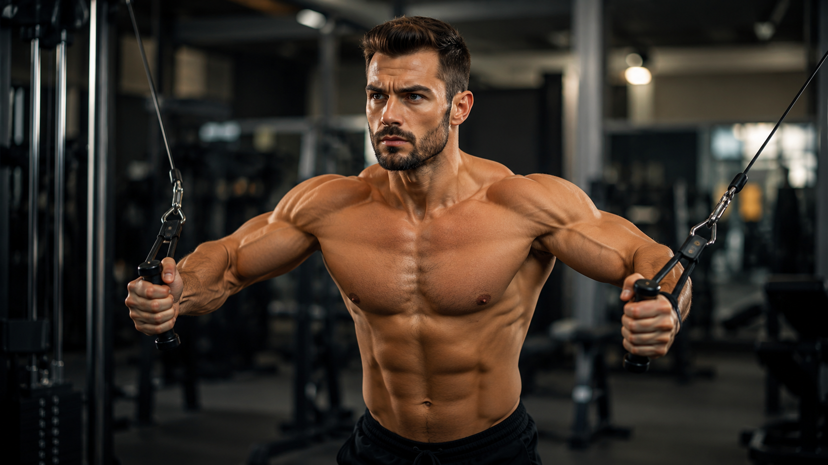 Athletic man demonstrating cable chest fly technique in gym