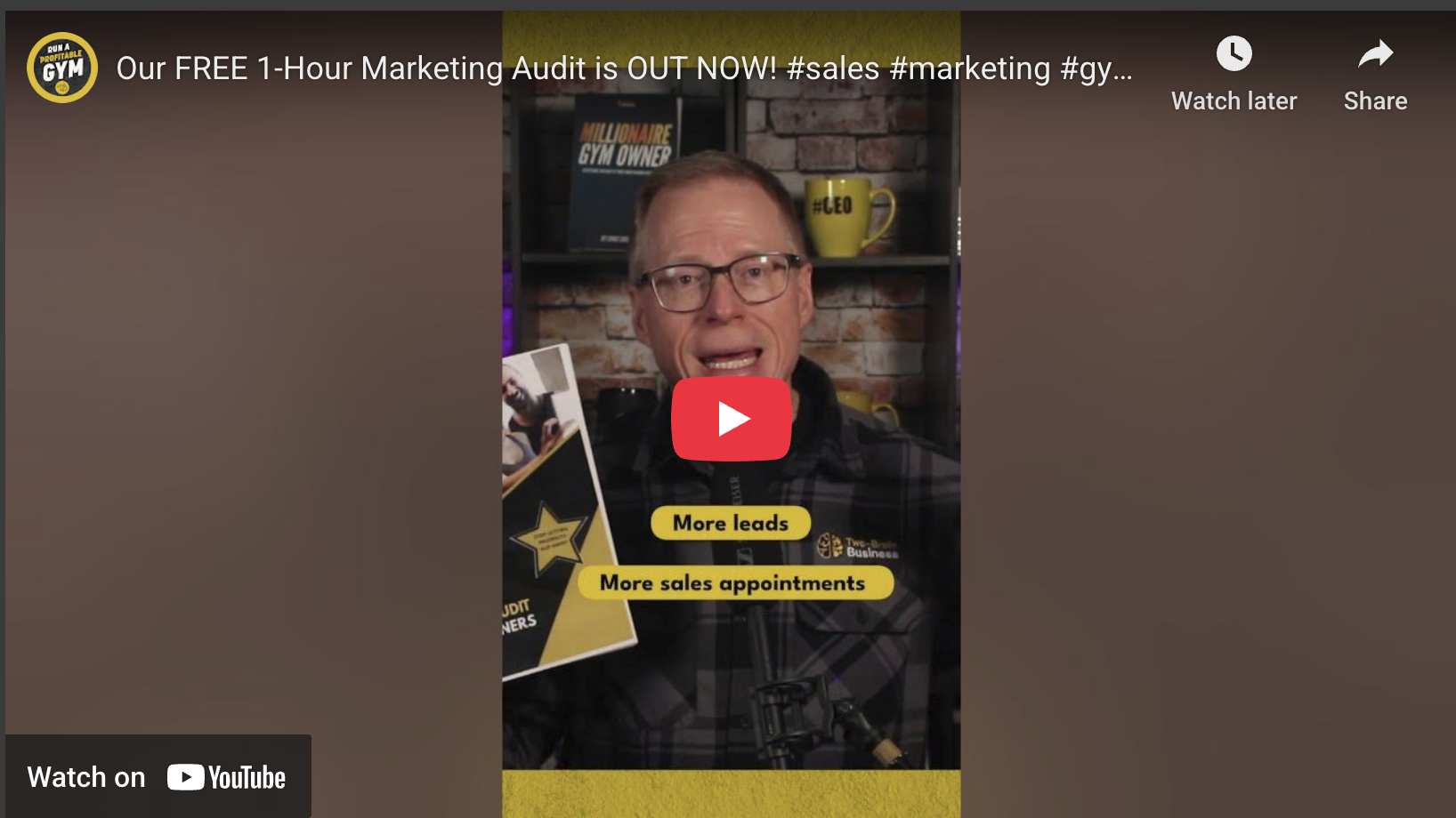 Middle-aged man discusses free marketing audit for gym owners in a photorealistic setting.