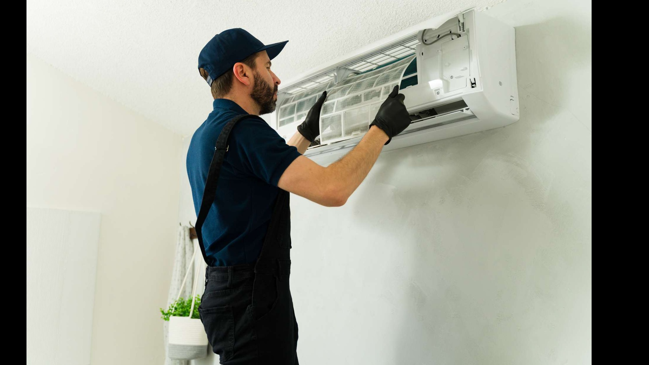 Indoor air quality professionals providing HVAC services, smiling, in friendly home and service settings.