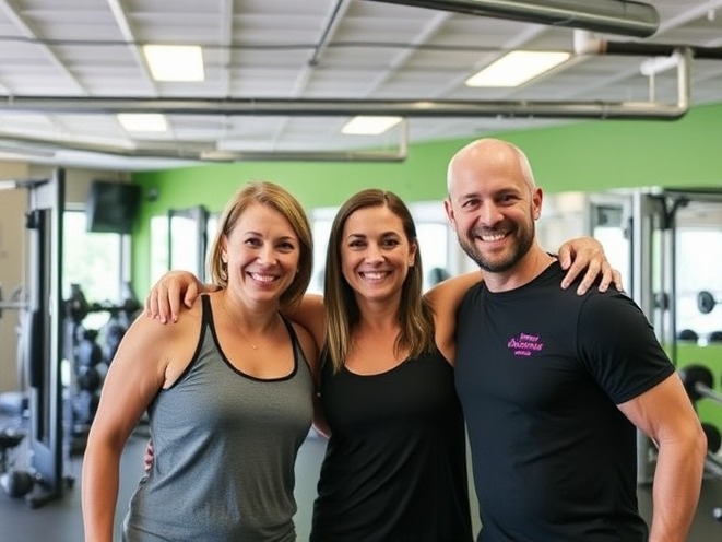 Energetic individuals exercising in a modern gym setting.