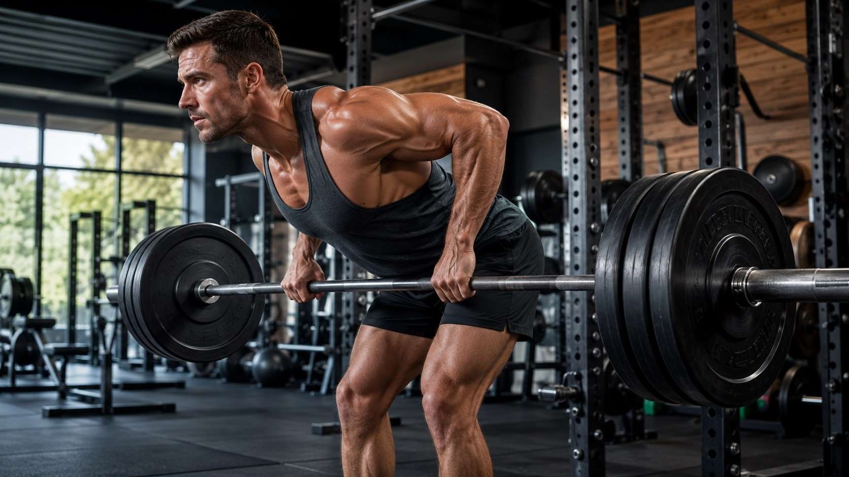 Muscular man performing bent-over rows in gym, highlighting exercise technique.