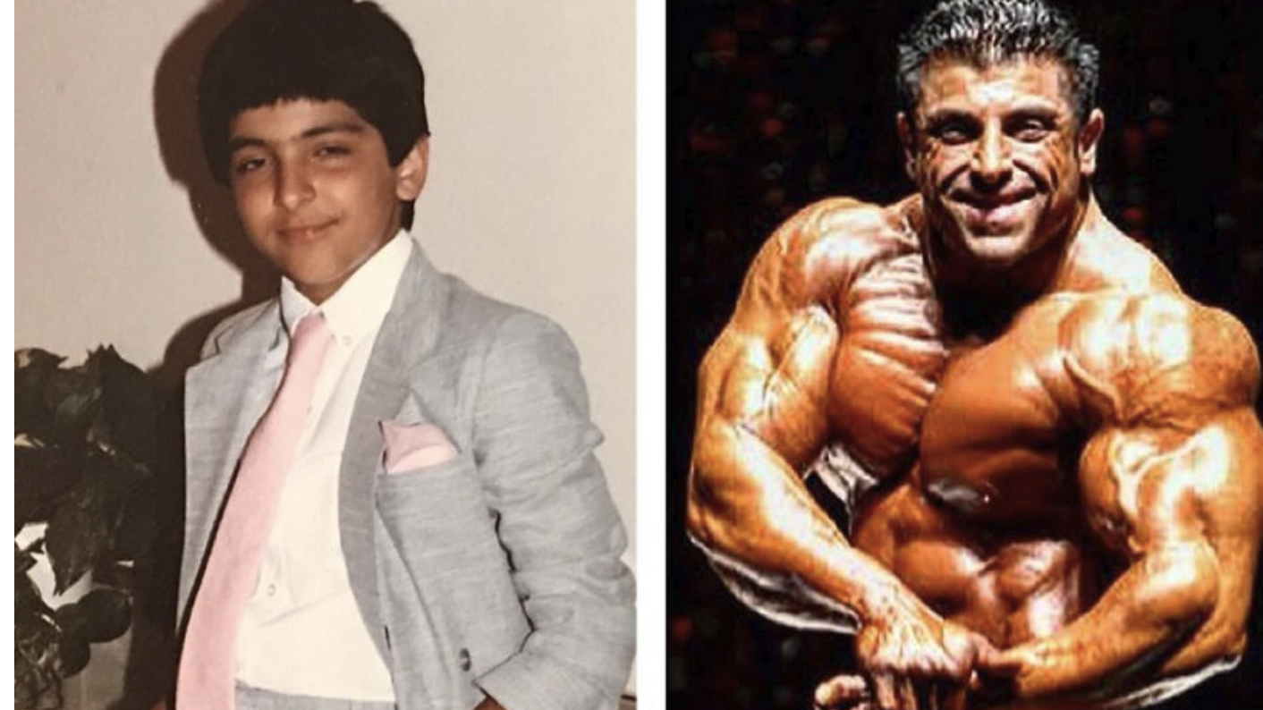 Muscular bodybuilder flexes on podcast cover for mastering negative energy.