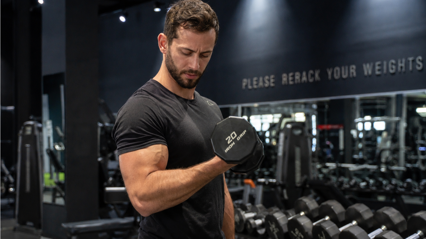 Athletic person mid-bicep curl exuding confidence with well-defined muscles in golden hour lighting.